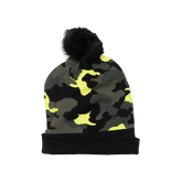 Capital Gains Streetwear Fuzzy Pom Neon Yellow Camo Beanie Knit Winter Hat